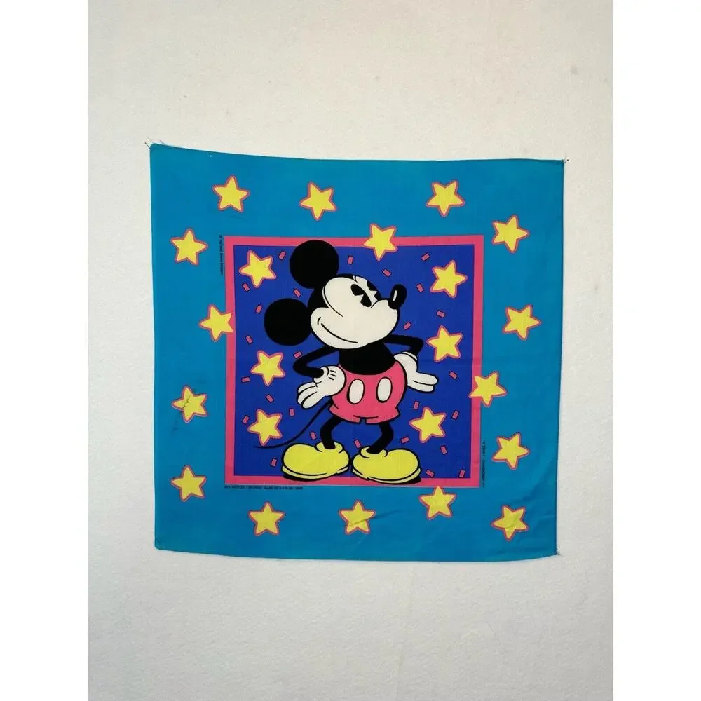 VTG 80s Disney Mickey Mouse Star Handkerchief Scarf Bandana Western Cartoon Blue